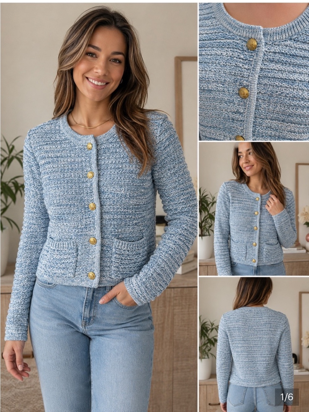 GAP 100% Cotton Light Blue Bouclé Button-Front Cardigan with Gold Buttons Size M
